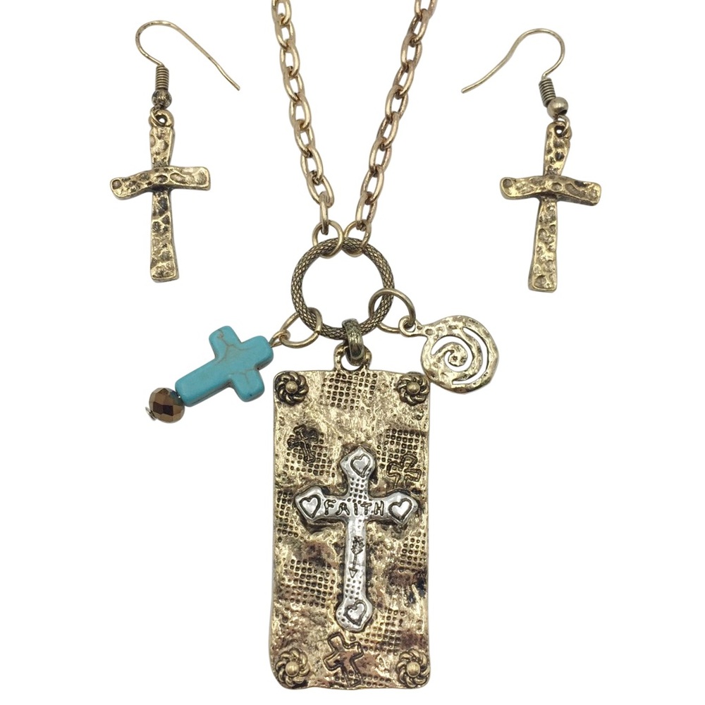 2-Tone Faith Cross Rugged Artesian Look Pendant Gold Necklace & Earrings Set